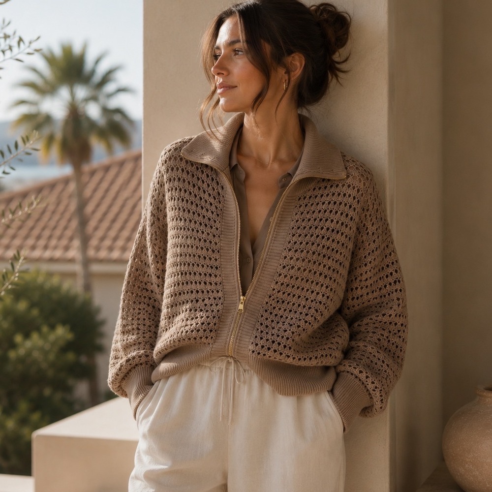 Varley Eloise Full Zip Knit Sweater Womens XL Tan Cotton Pointelle Cardigan